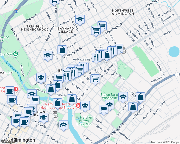 map of restaurants, bars, coffee shops, grocery stores, and more near 1 West 25th Street in Wilmington
