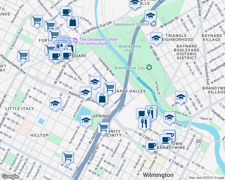 map of restaurants, bars, coffee shops, grocery stores, and more near 1112 Shallcross Avenue in Wilmington