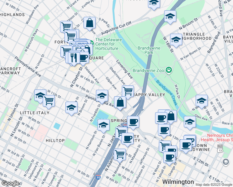 map of restaurants, bars, coffee shops, grocery stores, and more near 1203 Gilpin Avenue in Wilmington