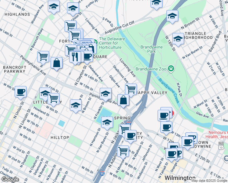 map of restaurants, bars, coffee shops, grocery stores, and more near 501 West 14th Street in Wilmington