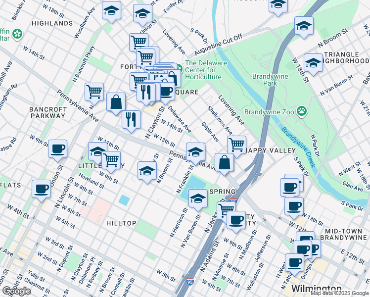 map of restaurants, bars, coffee shops, grocery stores, and more near 1310 Delaware Avenue in Wilmington