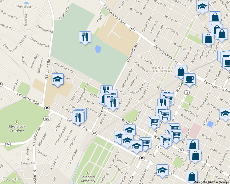 map of restaurants, bars, coffee shops, grocery stores, and more near 623 Greenhill Avenue in Wilmington