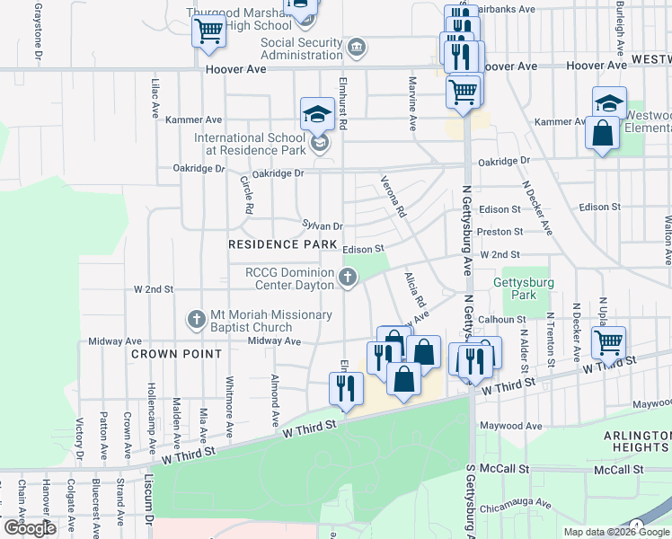 map of restaurants, bars, coffee shops, grocery stores, and more near 511 Elmhurst Road in Dayton