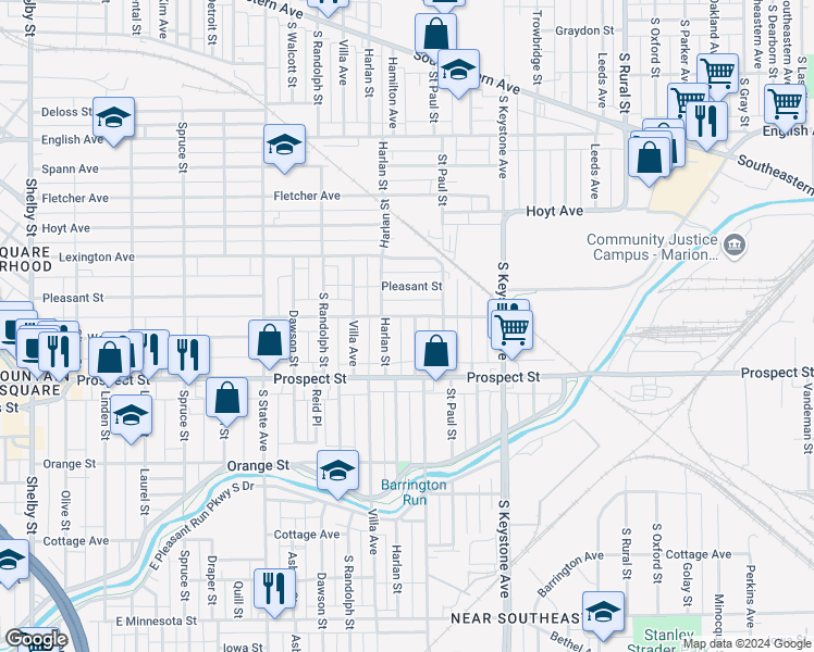 map of restaurants, bars, coffee shops, grocery stores, and more near 2118 Woodlawn Avenue in Indianapolis