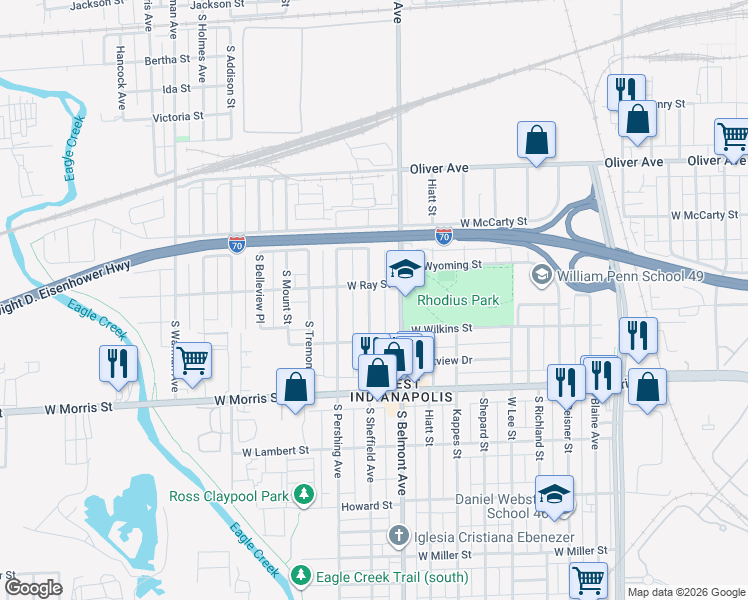 map of restaurants, bars, coffee shops, grocery stores, and more near 2131 West Ray Street in Indianapolis
