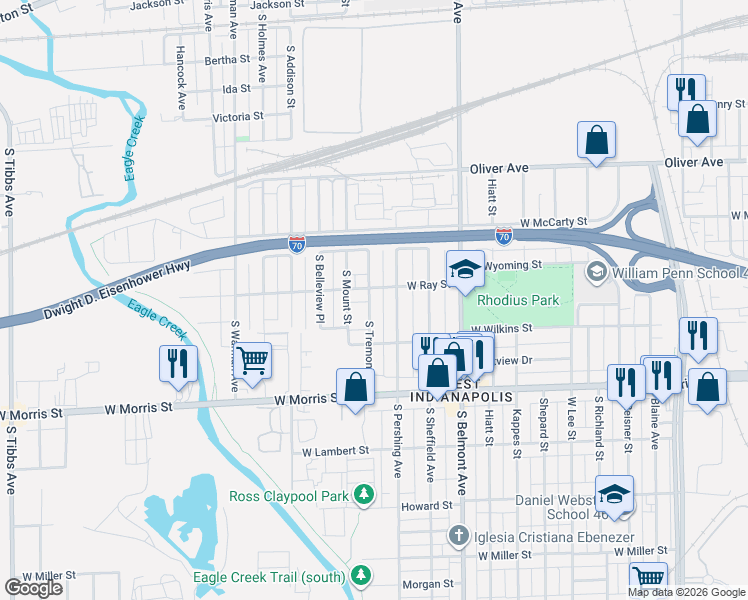 map of restaurants, bars, coffee shops, grocery stores, and more near 2330 West Ray Street in Indianapolis