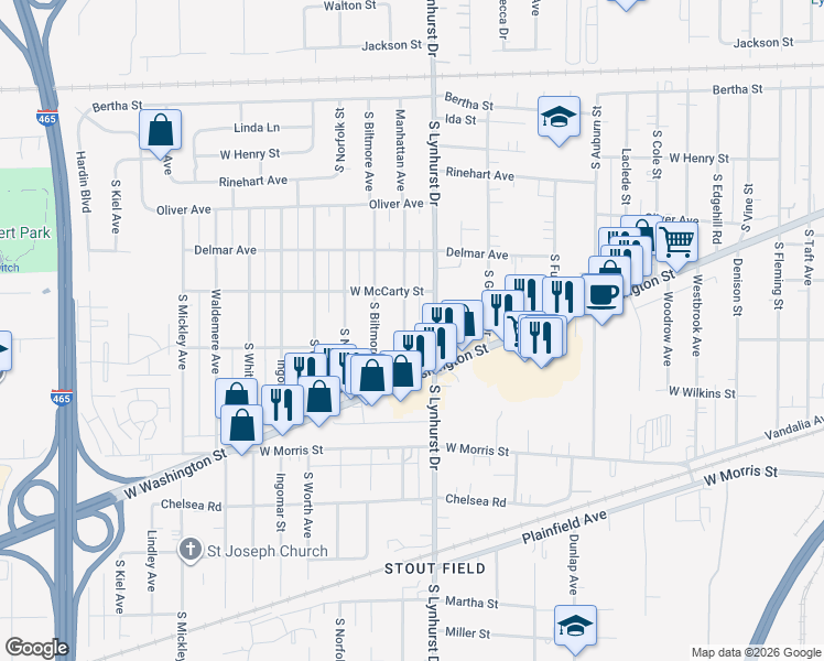 map of restaurants, bars, coffee shops, grocery stores, and more near 816 Manhattan Avenue in Indianapolis