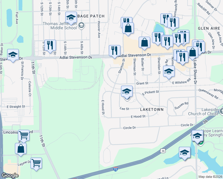 map of restaurants, bars, coffee shops, grocery stores, and more near 3400 Stanton Street in Springfield