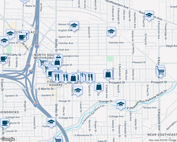 map of restaurants, bars, coffee shops, grocery stores, and more near 1452 Woodlawn Avenue in Indianapolis