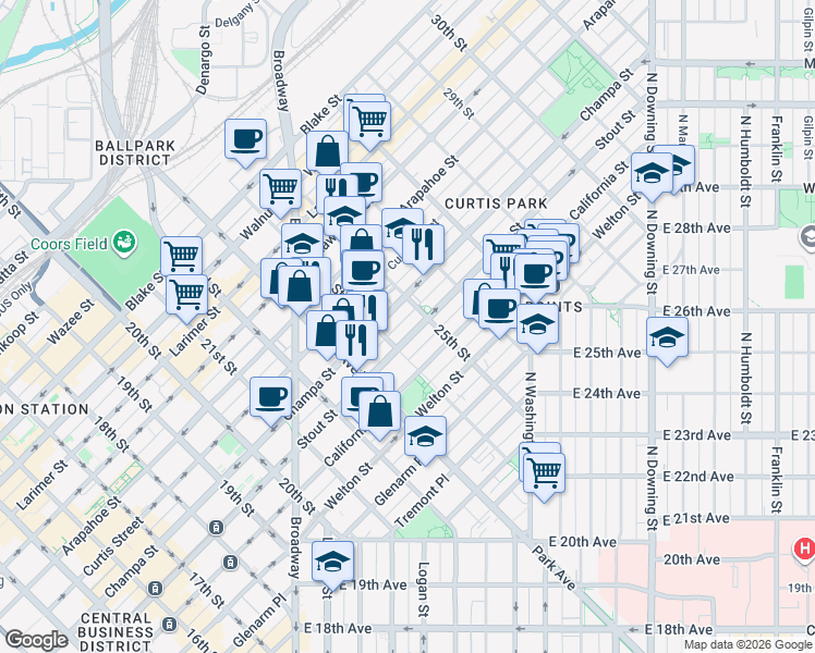 map of restaurants, bars, coffee shops, grocery stores, and more near 2432 Champa Street in Denver