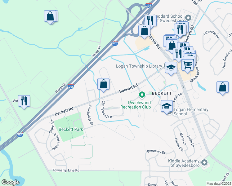 map of restaurants, bars, coffee shops, grocery stores, and more near Beckett Road in Logan Township