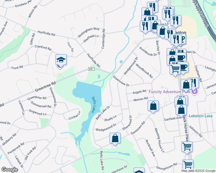 map of restaurants, bars, coffee shops, grocery stores, and more near 82 Bells Lake Drive in Washington Township