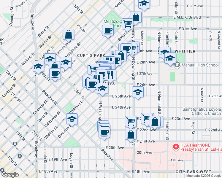 map of restaurants, bars, coffee shops, grocery stores, and more near 2567 Emerson Street in Denver