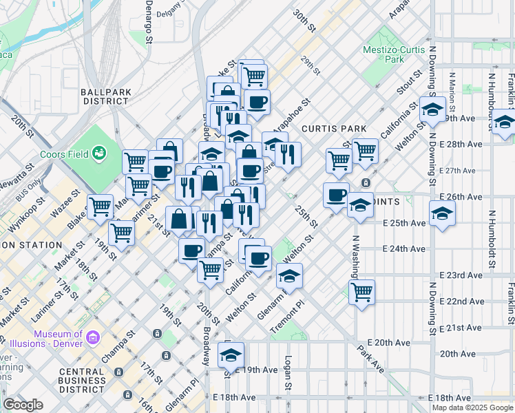 map of restaurants, bars, coffee shops, grocery stores, and more near 24th Street in Denver