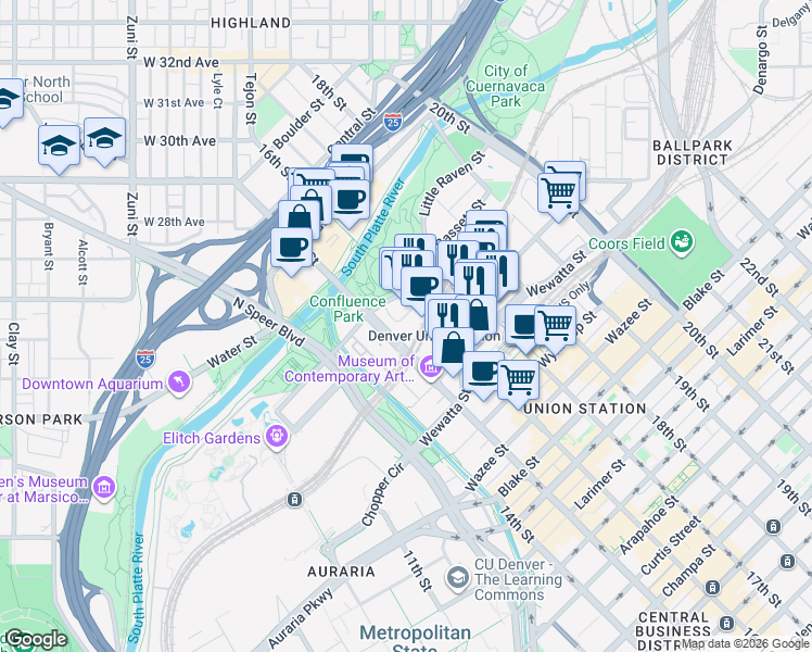 map of restaurants, bars, coffee shops, grocery stores, and more near 1500 Little Raven Street in Denver