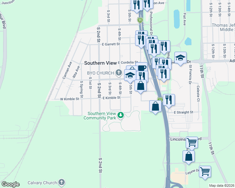 map of restaurants, bars, coffee shops, grocery stores, and more near 3300-3398 South 3rd Street in Southern View