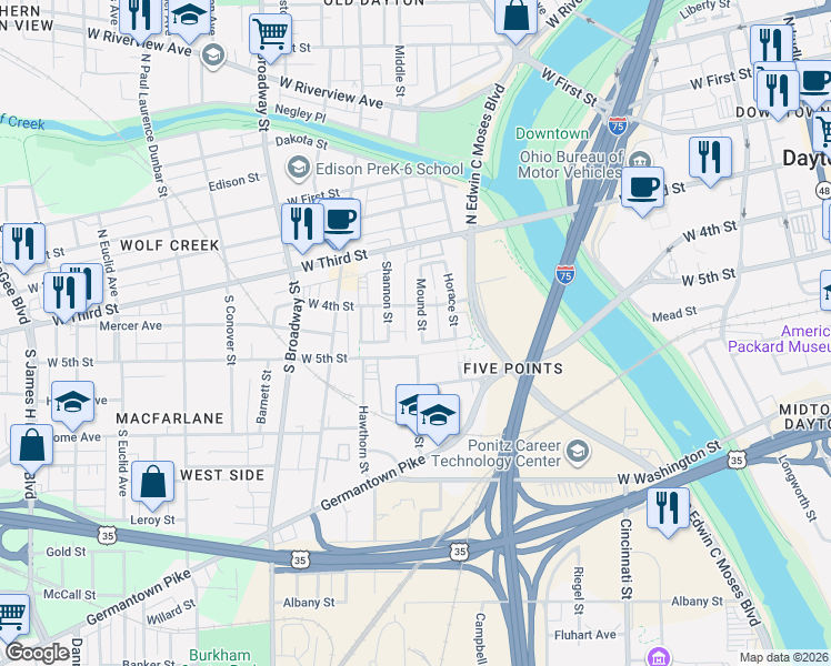 map of restaurants, bars, coffee shops, grocery stores, and more near 108 Mound Street in Dayton