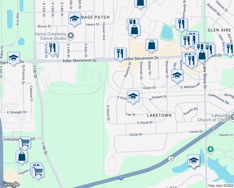 map of restaurants, bars, coffee shops, grocery stores, and more near 3400 Stanton Street in Springfield