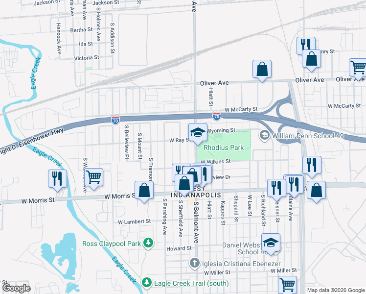 map of restaurants, bars, coffee shops, grocery stores, and more near 2131 West Ray Street in Indianapolis