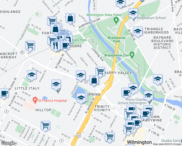 map of restaurants, bars, coffee shops, grocery stores, and more near 1203 Gilpin Avenue in Wilmington