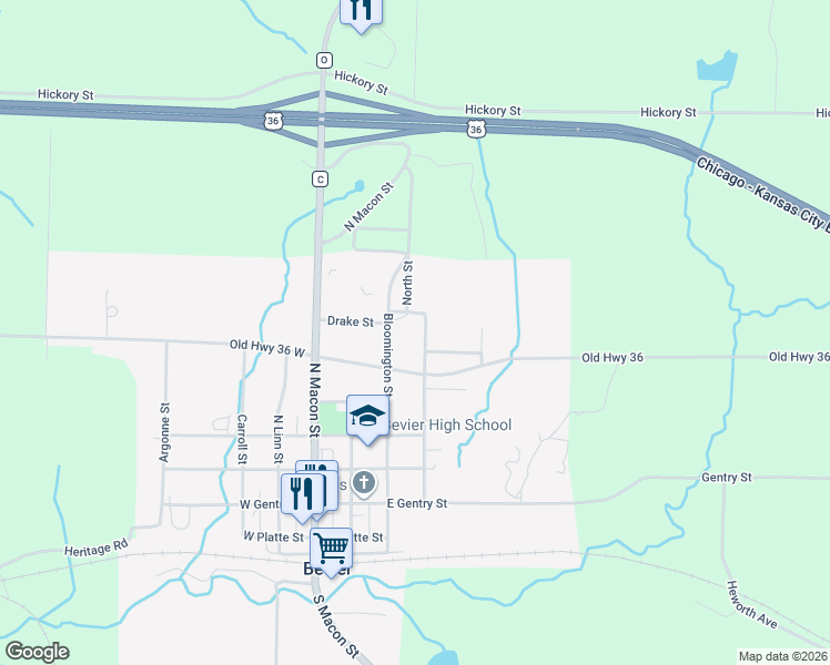 map of restaurants, bars, coffee shops, grocery stores, and more near 349-399 Short Street in Bevier