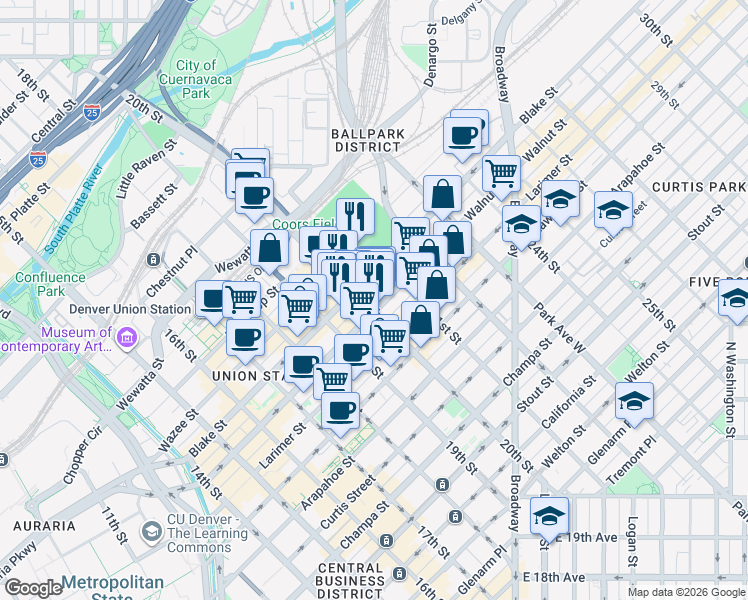 map of restaurants, bars, coffee shops, grocery stores, and more near 2005 Market Street in Denver