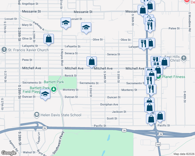 map of restaurants, bars, coffee shops, grocery stores, and more near 3309 Renick Street in Saint Joseph