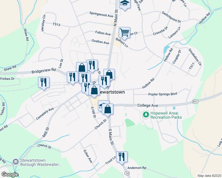 map of restaurants, bars, coffee shops, grocery stores, and more near 3 North Main Street in Stewartstown