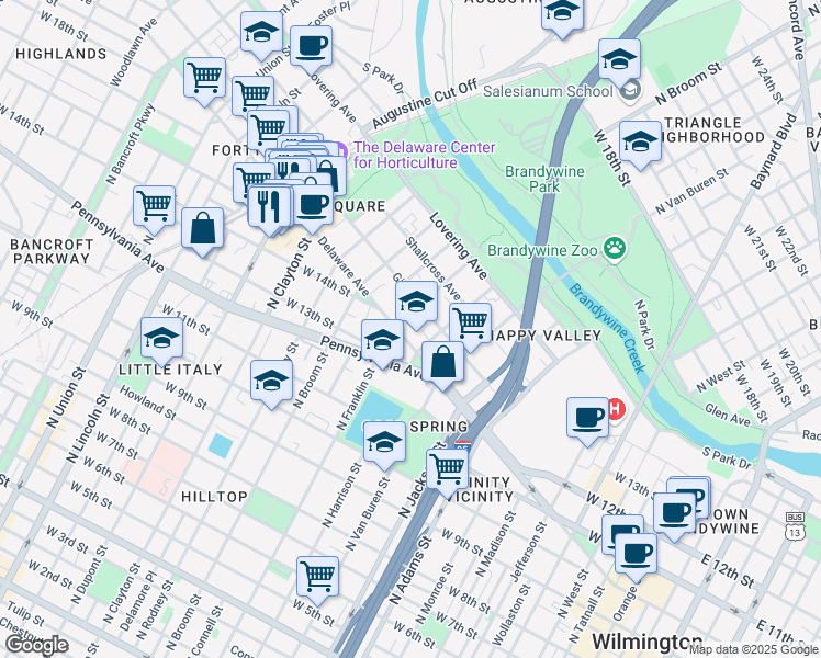 map of restaurants, bars, coffee shops, grocery stores, and more near 1211 Delaware Avenue in Wilmington