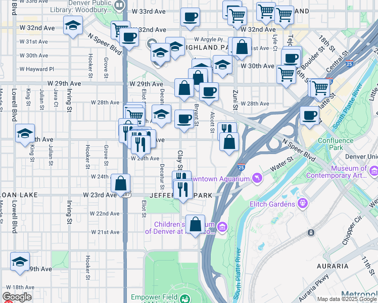map of restaurants, bars, coffee shops, grocery stores, and more near 2620 West 26th Avenue in Denver