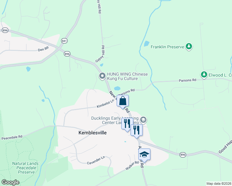 map of restaurants, bars, coffee shops, grocery stores, and more near 3 Parsons Road in Landenberg
