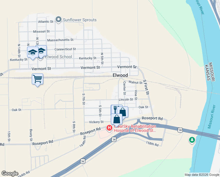 map of restaurants, bars, coffee shops, grocery stores, and more near 214 South 3rd Street in Wathena