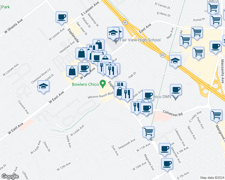 map of restaurants, bars, coffee shops, grocery stores, and more near 110 Mission Ranch Boulevard in Chico