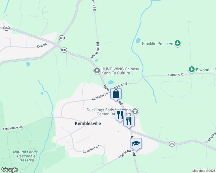 map of restaurants, bars, coffee shops, grocery stores, and more near 3 Parsons Road in Landenberg