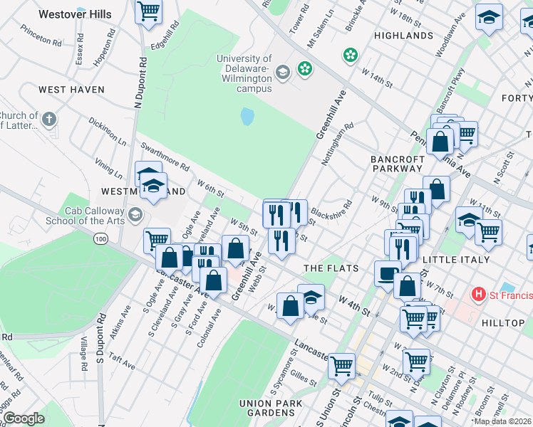 map of restaurants, bars, coffee shops, grocery stores, and more near 623 Greenhill Avenue in Wilmington