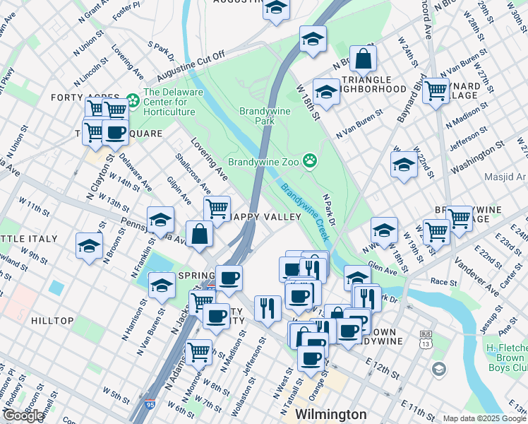 map of restaurants, bars, coffee shops, grocery stores, and more near 1611 North Jackson Street in Wilmington