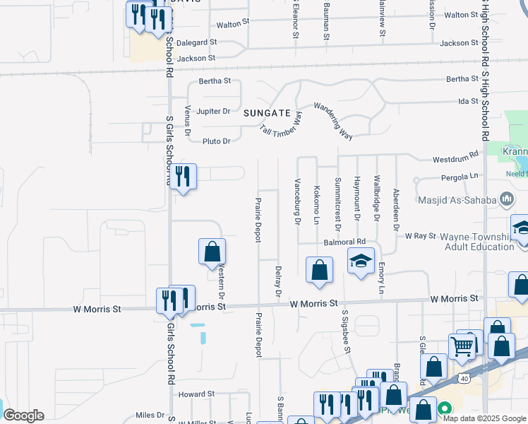 map of restaurants, bars, coffee shops, grocery stores, and more near 837 Prairie Depot in Indianapolis