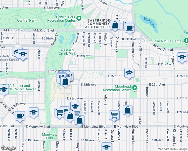 map of restaurants, bars, coffee shops, grocery stores, and more near 10050 East 26th Avenue in Aurora