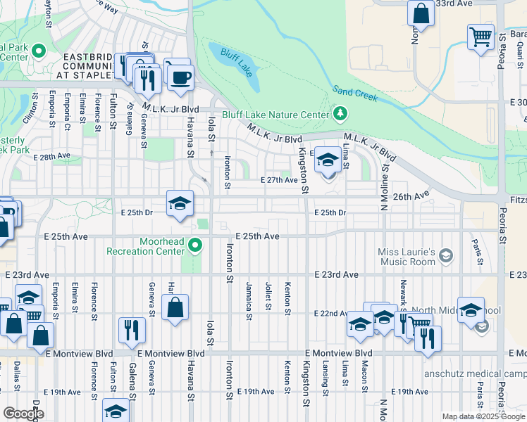 map of restaurants, bars, coffee shops, grocery stores, and more near 10880 East 26th Avenue in Aurora