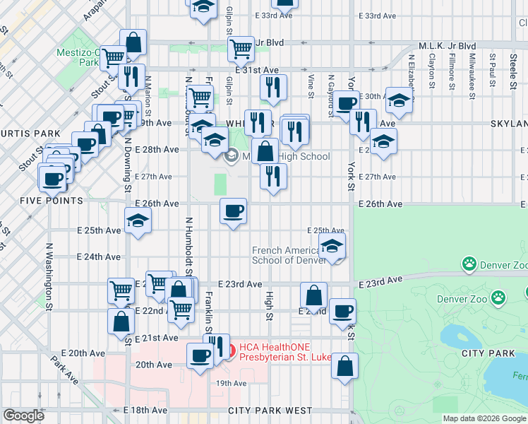 map of restaurants, bars, coffee shops, grocery stores, and more near 1819 East 26th Avenue in Denver