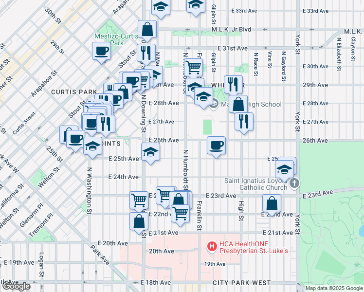 map of restaurants, bars, coffee shops, grocery stores, and more near 1425 East 26th Avenue in Denver
