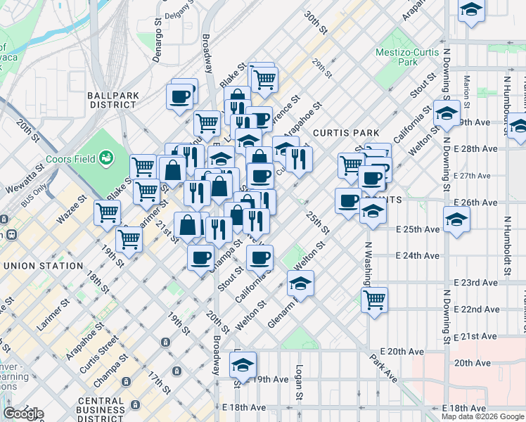 map of restaurants, bars, coffee shops, grocery stores, and more near in Denver