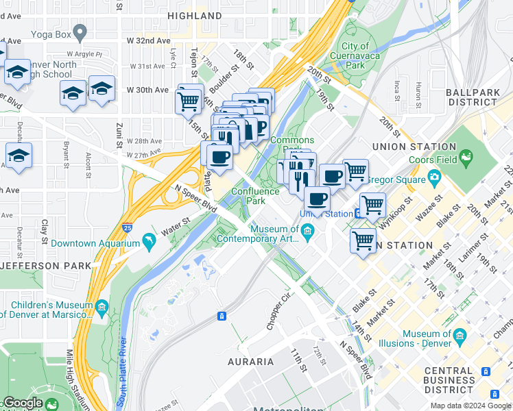 map of restaurants, bars, coffee shops, grocery stores, and more near in Denver