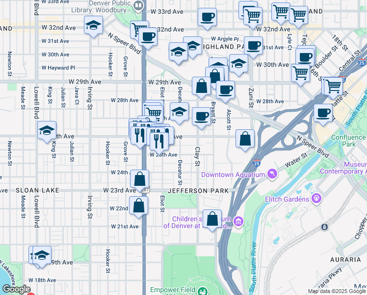 map of restaurants, bars, coffee shops, grocery stores, and more near 2812 West 26th Avenue in Denver