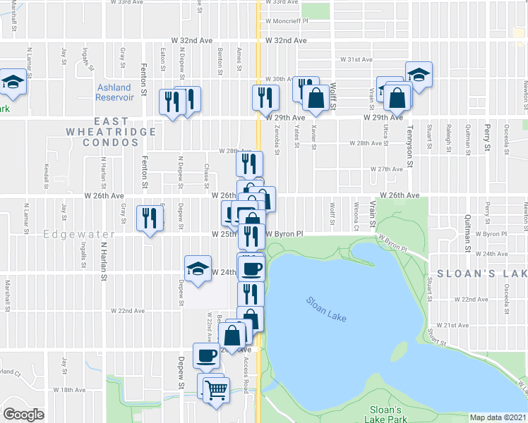 map of restaurants, bars, coffee shops, grocery stores, and more near 2525 Zenobia Street in Denver
