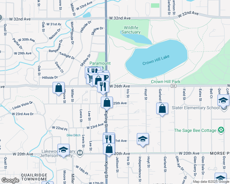 map of restaurants, bars, coffee shops, grocery stores, and more near 9814 West 26th Avenue in Lakewood