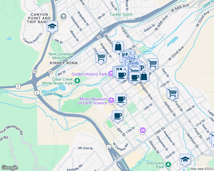 map of restaurants, bars, coffee shops, grocery stores, and more near 1101 Illinois Street in Golden