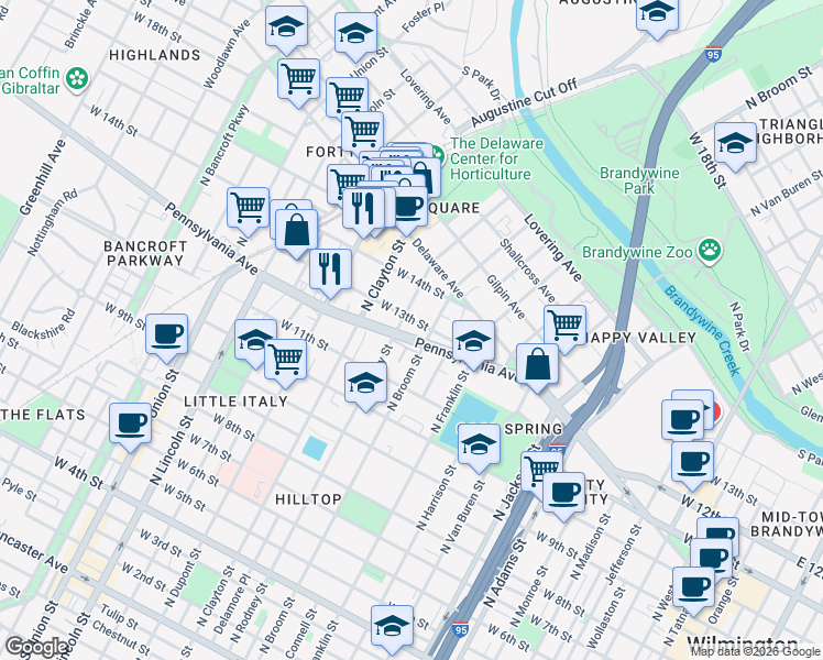map of restaurants, bars, coffee shops, grocery stores, and more near 1300 North Rodney Street in Wilmington