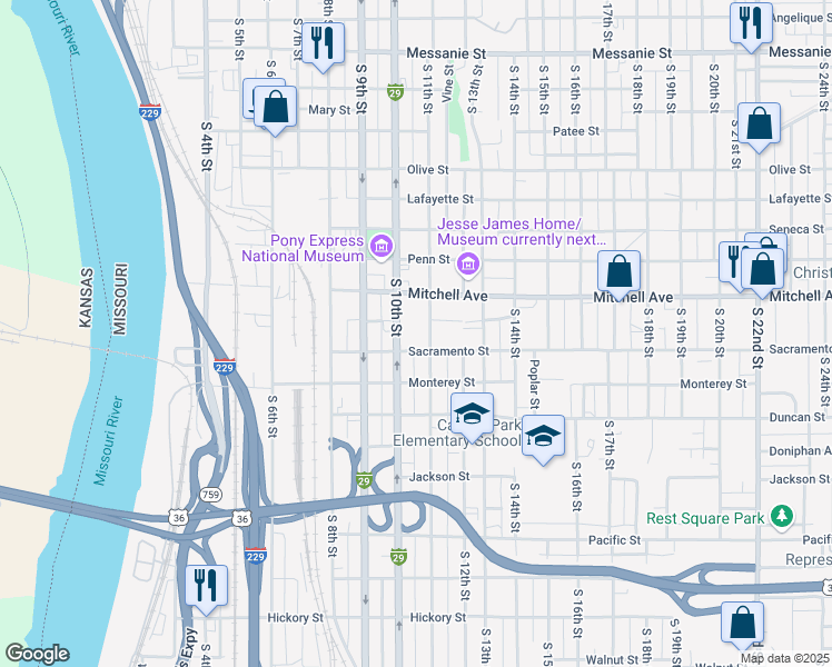 map of restaurants, bars, coffee shops, grocery stores, and more near 1300 South 11th Street in Saint Joseph