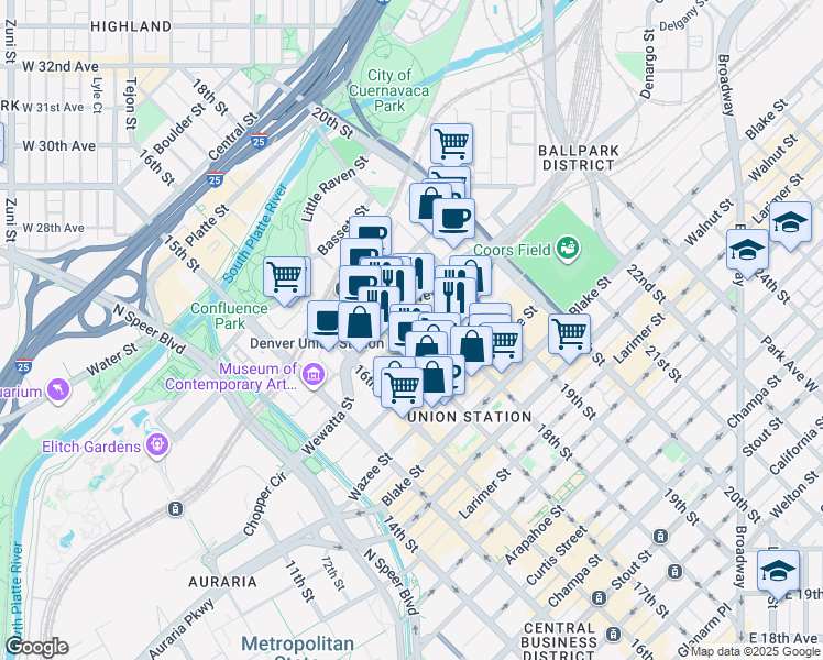 map of restaurants, bars, coffee shops, grocery stores, and more near in Denver